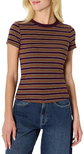 Amazon Essentials Women's Slim-Fit Stretch Rib Short-Sleeve Tee, Burgundy Brown Stripe, Large