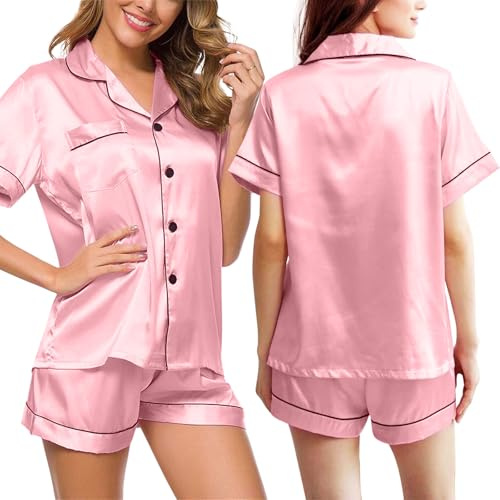 Fjquamitix Pyjama en soie pour femme, pyjama en satin à manches courtes boutonné doux pour mariée, vêtements de détente, rose, XS