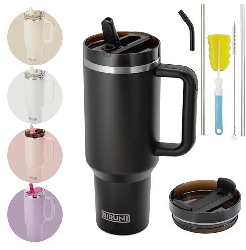 Thermobecher mit Strohhalm – Thermobecher 1,18L – doppelwandiger, vakuumisolierter Trinkbecher mit Deckel und Strohhalm, Reisebecher, Kaffeebecher Isolierbecher für heiße und kalte Getränke (Schwarz)