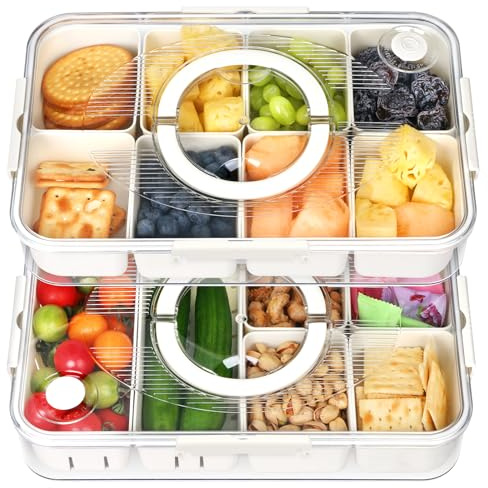 2Pack Divided Snackle Box with Lid and Handle, Stackable Serving Tray with Removable Compartments, Multi-Grid Food Organizer for Travel, Appetizers, Charcuterie, Bento, Picnic Snacks