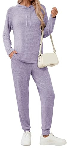 Famulily Leisure Suit For Women UK Long Sleeve Tracksuit Sets Drawstring Sweatshirt & Sweatpants with Pockets Purple XXL