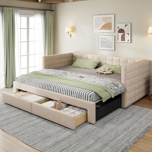 Dolamaní Cama nido 3 en 1, sofá cama de invitados, tela de terciopelo, cama tapizada de 90/180 x 190 cm, cama extensible de la misma altura con 2 cajones, sin colchón (beige)
