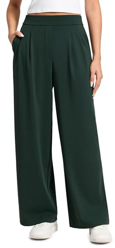 CRZ YOGA Damen 4-Wege-Dehnbar Anzughosn Weites Bein Bürohosen Hohe Taille Lässig Chino Hose mit Taschen - 74cm Legende Grün 42