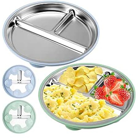 Wenxiaw 2 Platos Infantiles de Acero Inoxidable con Ventosa, 21CM Cuenta para niños con Saugnapf Platos de Acero Inoxidable para niños,No tóxico y BPA Libre (Azul, Verde)