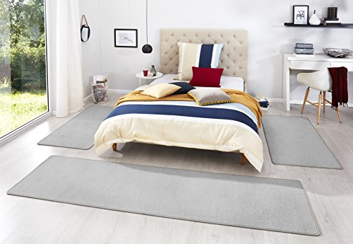 Hanse Home Teppich Bettumrandung Fancy 3-teilig – Bettvorleger Velours Teppichläufer Kurzflor Einfarbig Läufer-Set für Kinderzimmer Schlafzimmer, Grau 2X 67x140 cm 1x 67x250cm