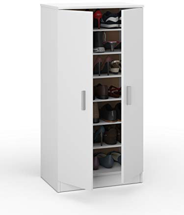 Multifunktions-Kleiderschrank mit zwei Türen mit sechs Einlegeböden, Farbe Weiß, Maße 55 x 108 x 36 cm