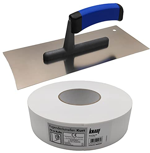 DEWEPRO Trockenbau Glättekelle konkav inkl. Knauf Kurt Fugendeckstreifen 75m - Glattkelle mit 2 konkaven Seiten - Aufziehglätter aus Edelstahl mit abgerundeter Ecke