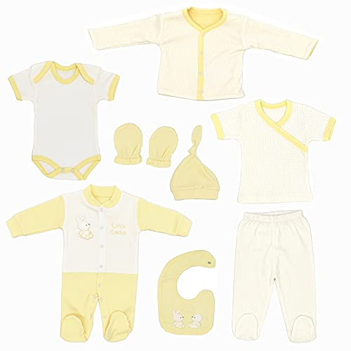 Blue Eyes nyfödd baby presentset unisex | 8 delar första kläder & babyutrustning | 100 % naturlig OEKO‑TEX® bomull | spädbarn 0–4 månader gåva babyshower (gul)