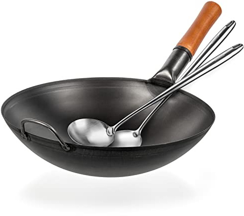 YOSUKATA 14 Carbon Steel Wok Pan Set - Pre-Seasoned, 17 Wok Spatula & Ladle - Heat-Resistant, Dishwasher Safe