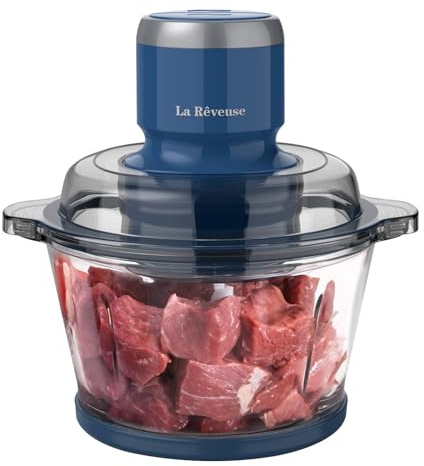 La Reveuse Food Processor,Electric Food Chopper with 7-Cup (1.7L) Glass Bowl, 4 Bi-Level Blades for Chopping,Grinding,Mincing,Whisking,Meal Prep,300W,Blue