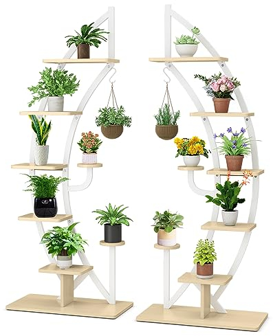 RELAX4LIFE Pflanzenständer Halbmondförmig, 6-Stufiges Blumenregal mit Ablagen Haken, Blumenständer mit 2 Installationsarten & Kippsicherung, Pflanzenregal für Garten Balkon (2 Stück, Weiß)