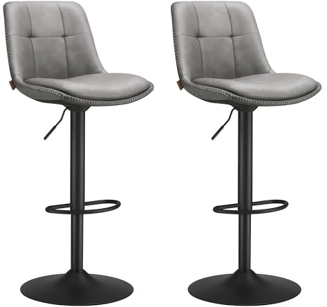 VASAGLE Barstolar, 2-Pack, i PU-Läder, Justerbar Höjd, 44 x 47 x 93-114 cm | Barpallar, Max 120 kg, med Ryggstöd och Fotstöd, 360° Snurrbar, Dove Grey och Matt Svart, MONNI Kollektion LJB095G01
