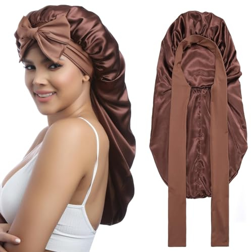 Coubeau Long Bonnet Satin Cheveux Nuit pour Femmes - Bonnet élastique pour Soin Cheveux bouclés - Large Bande élastique et Tissu Soyeux pour protéger Vos Boucles Pendant la Nuit