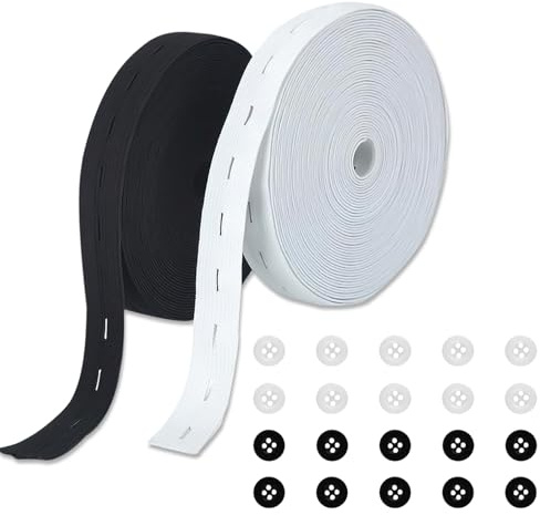 2 rullar gummiband med knapphål, 8 m x 15 mm, sömnad, elastiska med hål, knapphål, elastisk spole med knappöglor för sömnad, stickade midjeband med 20 hartsknappar, svart, vit