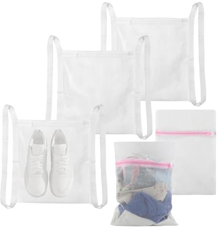 Set di sacchetti per asciugatrici, 2 sacchetti a rete riutilizzabili e 3 sacchetti per la biancheria, sacchetti a rete a nido d'ape per bucato delicato con cerniera e cinghie per scarpe da lavatrice e
