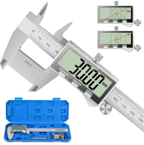 Ueznirn Digital Caliper, 150mm Stainless Steel Vernier Calipers Measuring Tool with Large LCD Screen, IP54 Waterproof Micrometer Digital Calipers with Inch/mm Conversion for Industrial/Household/DIY