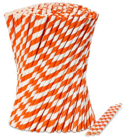 [1 000 stycken] Lives på grön orange/vita remsor papperssugrör – 19,7 x 0,6 cm – för barer och restauranger, biologiskt nedbrytbara och komposterbara