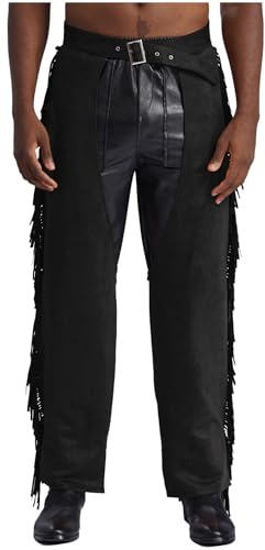 Xnihocha Mens Western Cowboy Chaps Fancy Dress Costume Tassels Open Crotch Western Pants Suede Fringe Trousers Black M