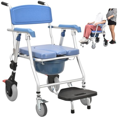 Chaise percée mobile de transport avec 4 roues et freins, fauteuil roulant multifonction pour salle de bain et toilettes