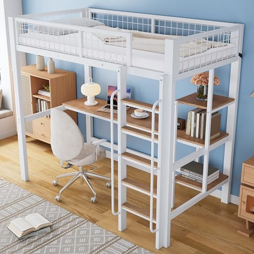 Merax Cama alta 90 x 200 cm con escritorio y estante de almacenamiento, cama de metal estable con somier y protección contra caídas, ahorra espacio, cama funcional para niños, cama alta juvenil