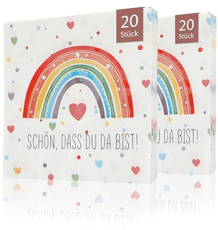 CraftWerk Servietten Regenbogen 40er Pack - Deko mit Spruch Schön dass Du da bist für Kindergeburtstag, Geburtstag oder Einschulung 32 x32 cm