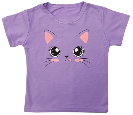 Toddler Cute Graphic T-Shirt for Girls Cotton Short Sleeve Shirt Summer Baby Girl Cat Cartoon Print Tee Tops Casual Loose Fit Shirt Soft Breathable Pullover Undershirts (Purple, 12-18 Months)