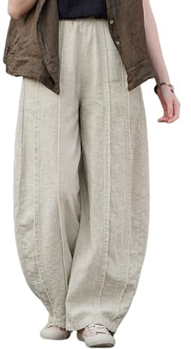 IXIMO Women's Linen Harem Pants Vintage Wide Leg Lantern Front Raw Frayed Patchwork Baggy Boho Lounge Trousers Beige Medium
