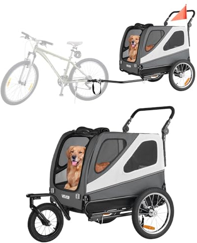 VEVOR Remorque vélo pour Chien, Charge 45 kg, Poussette d'animaux de Compagnie 2 en 1, Cadre Pliable Facile avec Roue à dégagement Rapide, coupleur de vélo Universel, Laisse Interne, Gris et Blanc