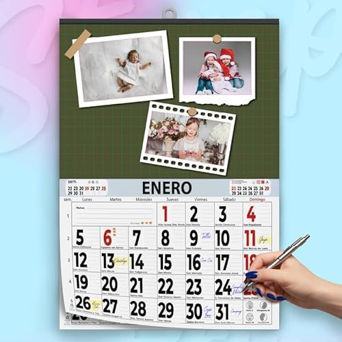 Calendario 2026 de Pared Personalizado con Fotos – Almanaque Grande 43,5x62 cm en Cartulina 350gr con Faldilla Mensual y Colgador – Planificador Familiar Ideal como Regalo Original Navidad (Modelo 3)