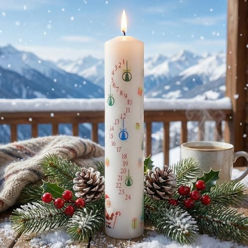 Vit jultomte och Bauball advent pelarljus – oparfymerat vax julnedräkning, 70 timmars bränning, festligt ljus för bord, spiselkrans och säsongsdekor