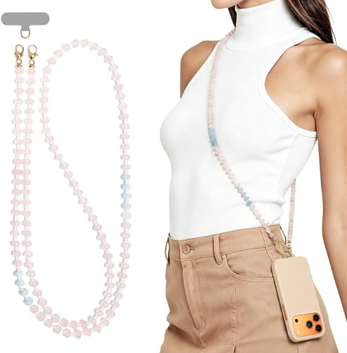 POSADINA Naturlig sten Crossbody telefonsnodd, äkta kristallpärlor mobiltelefonkedja för kvinnor, handsfree axelrem med knytband, hållbar anti-förlust sladd