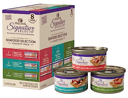 Wellness CORE Signature Selects Variety Pack Adult Canned Wet Cat Food, Natural, Protein Rich, Grain Free, Seafood Recipes, 2.8 oz, Pack of 8 Cans