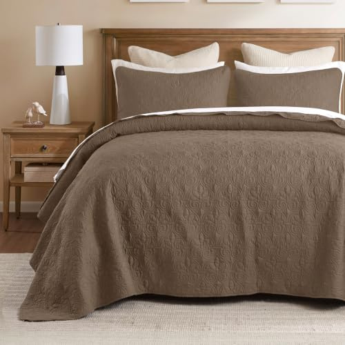 Madison Park Quebec Reversible Damask Design, Double Sided Quilting All Season, Lightweight Coverlet Bedspread Bedding Set, Matching-Shams, King(120x118), Mocha
