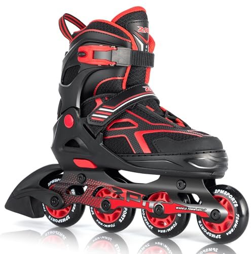 2PM SPORTS Torinx Green Boys Adjustable Inline Skates, Fun Beginner Roller Skates for Kids, Youth, Girls, Men and Women (Red, Large - Youth (4-7 US))