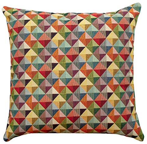 Linen Loft Extra Large Geometric Tapestry Double Sided Cushion Cover. 23x23 Floor Pillow Case. Multicoloured Red Blue Green Yellow Triangular Harlequin Pattern.