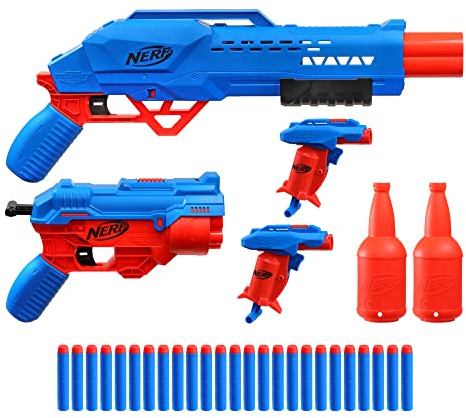 Hasbro Nerf Alpha Strike Mission Ops Set include 4 Blaster, 2 Half-Target e 25 freccette ufficiali Nerf Elite, Easy Load Prime Fire (F2555)
