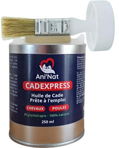 AniNat CADEXPRESS Huile de Cade prête à l'emploi - Pinceau APPLICATEUR vissé dans Le Bouchon - Soin des Pattes des Poules, Sabots Chevaux, Soles Ramollies, Dermite - Pot 250ml (250 ML)