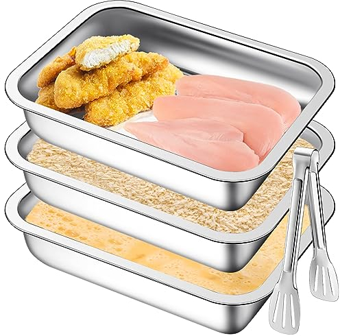 Mumufy Breading Trays 3er Set Große Edelstahl Panierpfannen mit Zange zum Baggern von Hähnchenbrust und Marinieren von Fleisch, Food Prep Trays für Brotkrum Gerichte (10,63 x 7,87 x 2,75 Zoll)