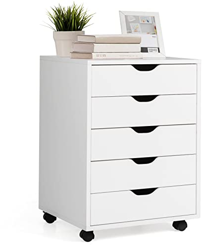 KOMFOTTEU Rollcontainer mit Schubladen, mobiler Aktenschrank Schubladenschrank mit Räder, Bürowagen Druckerständer weiß, Büroschrank für Akten, Dokumente, 49x42x66cm (Weiß)