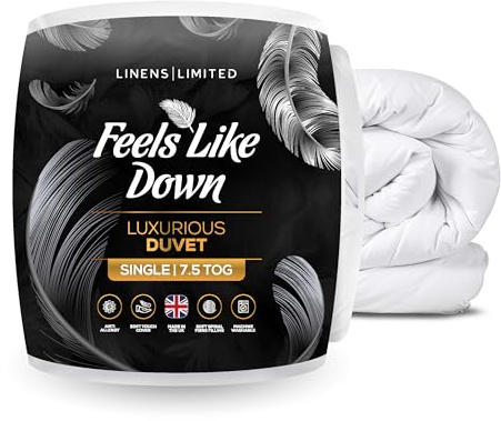 Linens Limited Single Duvet 7.5 Tog, Made in the UK, Feels Like Down, Luxurious Quilt, Soft and Comfy, Ultra-Fine Siliconised Hollowfibre, Machine Washable (White)