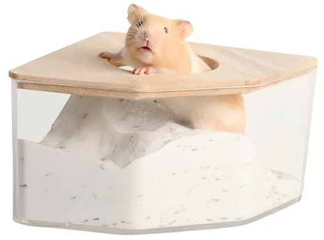 Hamster Sand Bath Bathtubs, Hamster Bath Toilet Container, Acrylic Shower and Digging Room, Transparent Hamster Bathtub Box with Wooden Lid for Syrian Hamster Guinea Pig Rat Mice Small Animal