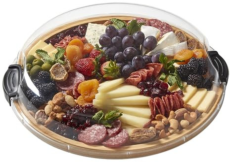 Farberware Build-a-Board Cutting Board with Single Compartment and Clear Locking Lid for Charcuterie, Snacks, and More-Make it. Take it. Enjoy it, 14-Inch Round, Bamboo