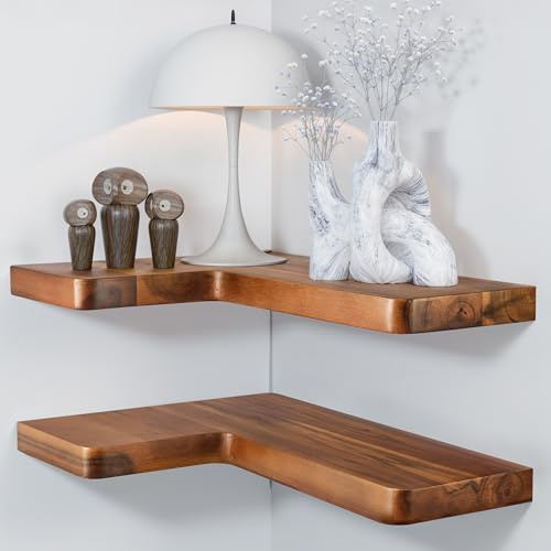 BATODA Acacia Wood Corner Floating Shelves 17 x 12– Corner Shelf Wall Mounted - Floating Book Shelves for Wall - Brackets and Shelving Hardware Included for Kitchen, Living Room, Bathroom (Set 2)