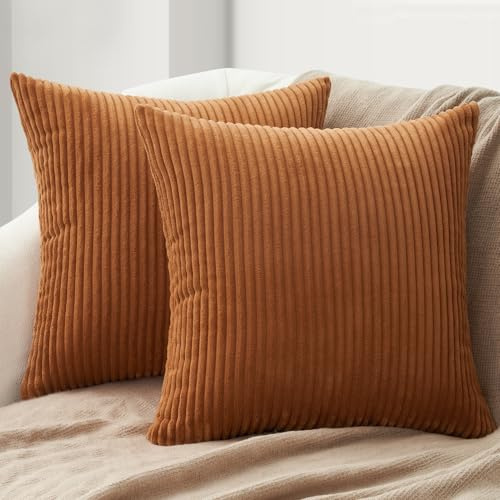 Topfinel Kissenbezug 50x50 Herbst Karamell Orange 2er Set Cord Kissenbezüge Kissenhülle Sofakissen Dekokissen deko für Sofa Bett Wohnzimmer Kinder flauschig