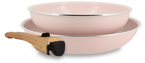 MENASTYL - Lot de 2 Poêles Amovibles Empilables 22 et 26 cm - Tous Feux Dont Induction - Revêtement Céramique Antiadhésif sans PFAS - Gamme Colorama - Couleur Rose - 98% Aluminium Recyclé