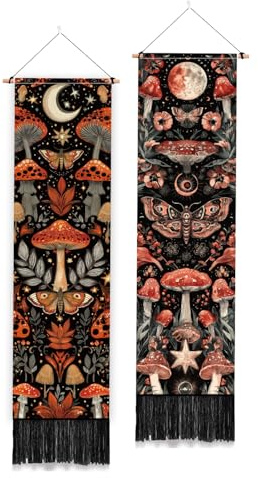 PLIGREAT 2 paquetes de tapices champiñones y papillon Tenture Murale Botanique Vintage avec Pompons Tapiz Murale Verticale Motif Lune pour Chambre à Coucher Salon Décoration D'Intérieur