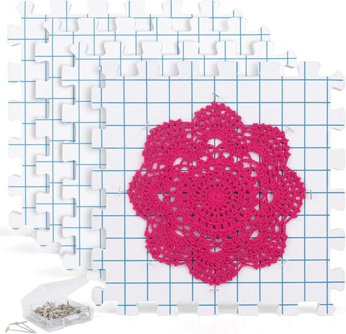 WEIWUXIAN 4 Unidades 30 x 30 cm Alfombrillas de Bloqueo para Tejer, Espuma Gruesa Encajable Extra Gruesas con Rejillas y con 50 pines en T, Tabla de Bloqueo para Ganchillo para Costura o Ganchillo