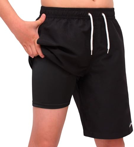 MEILONGER Boys Swimming Shorts with Compression Liner Quick Swim Trunks for Teen & Kids Dry Stretchy 2 in 1 Board Shorts Size 8,10-12,14-16,18-20 Years(Black,14)
