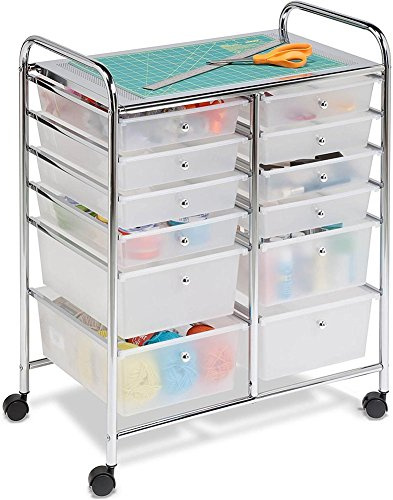 BAKAJI Carrello Multiuso Doppio in Acciaio Cromato Doppia Cassettiera 12 Cassetti e 4 Ruote Carrellino Organizer Salvaspazio per Bagno Casa Ufficio Estetista Lavoro (Bianco)