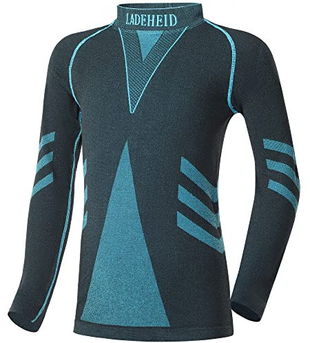 Ladeheid Thermounterwäsche Kinder Funktionsunterwäsche Thermoaktives Langarm Shirt Skiunterwäsche LAGI007 (Schwarz/Turquoise, 158-164)